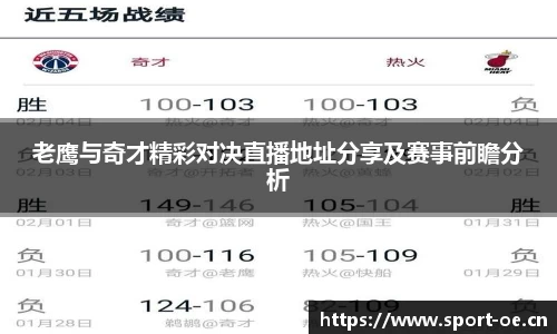 老鹰与奇才精彩对决直播地址分享及赛事前瞻分析